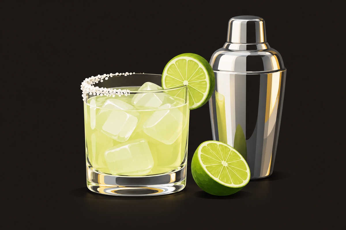 A classic margarita with a half-salted rim and lime, next to a cocktail shaker