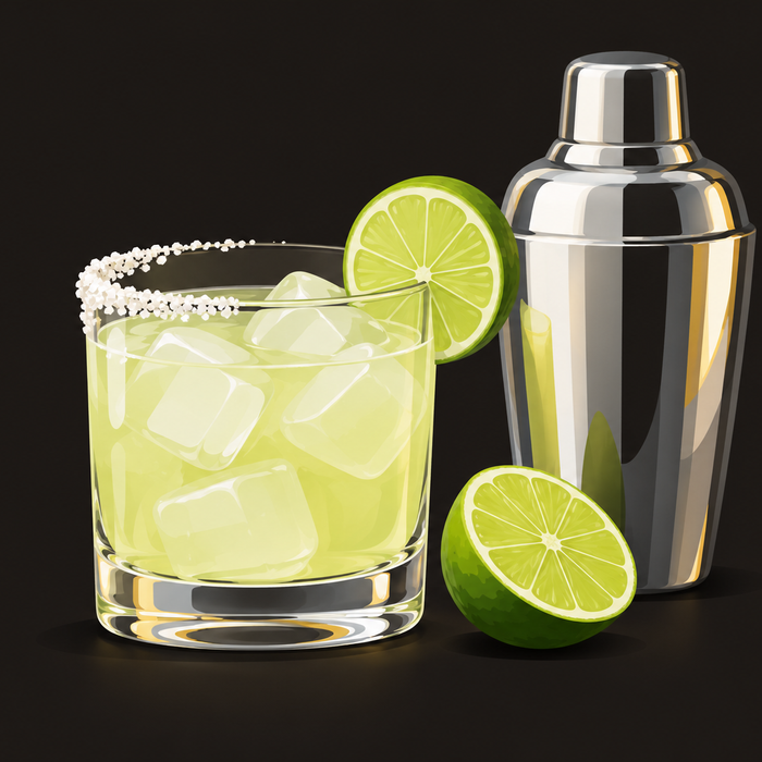 A classic margarita with a half-salted rim and lime, next to a cocktail shaker