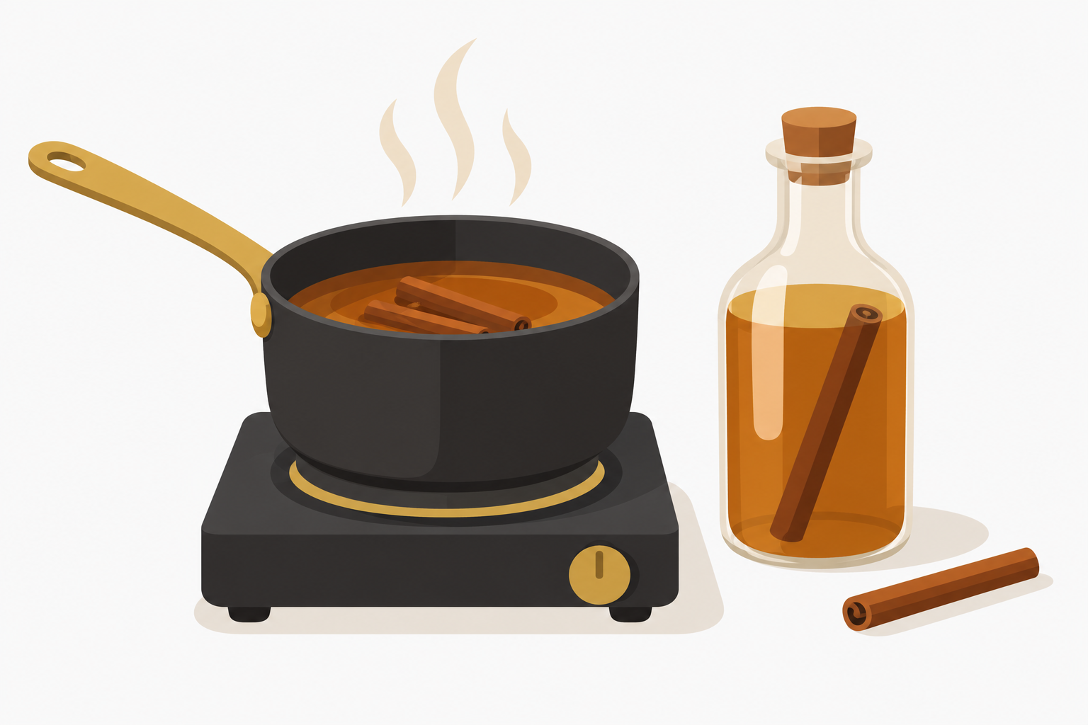 Flat illustration of cinnamon syrup warming in a saucepan beside a bottle of amber syrup