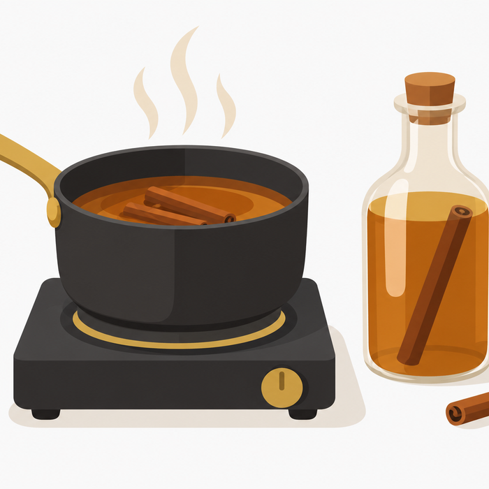 Flat illustration of cinnamon syrup warming in a saucepan beside a bottle of amber syrup