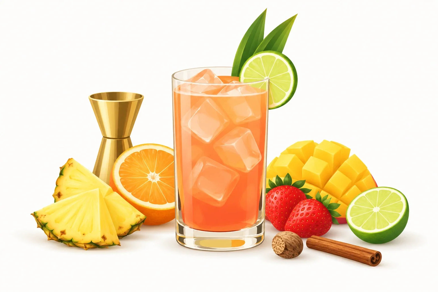 Illustrated Wray & Nephew rum punch with tropical fruit and citrus
