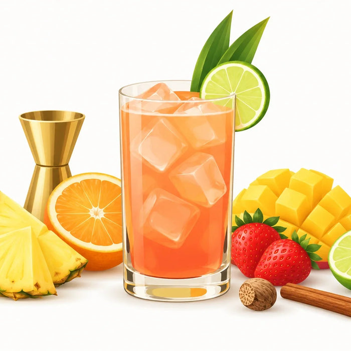 Illustrated Wray & Nephew rum punch with tropical fruit and citrus
