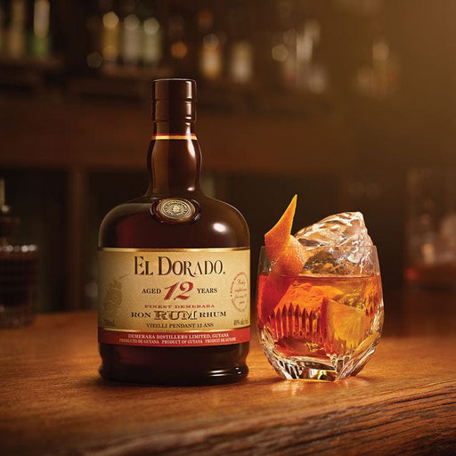 El Dorado 12 Year Old Blended demerara Rum from Guyana and a rum old fashioned signature cocktail