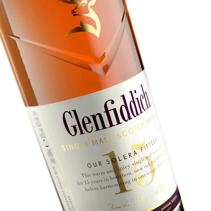 Glenfiddich 15 single malt scotch whisky bottle close up of the label 