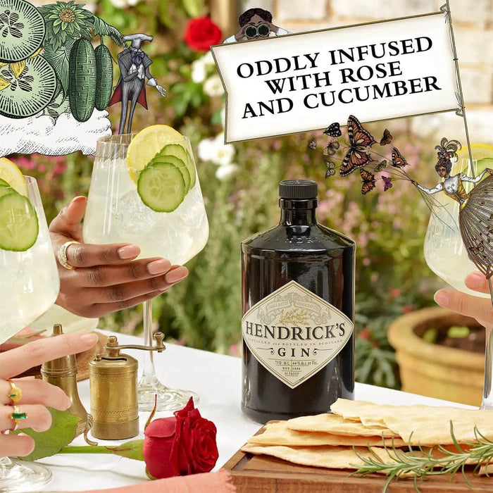 Hendricks Gin Bottle With Gin and tonic cocktail. Infused with rose and cucumber 
