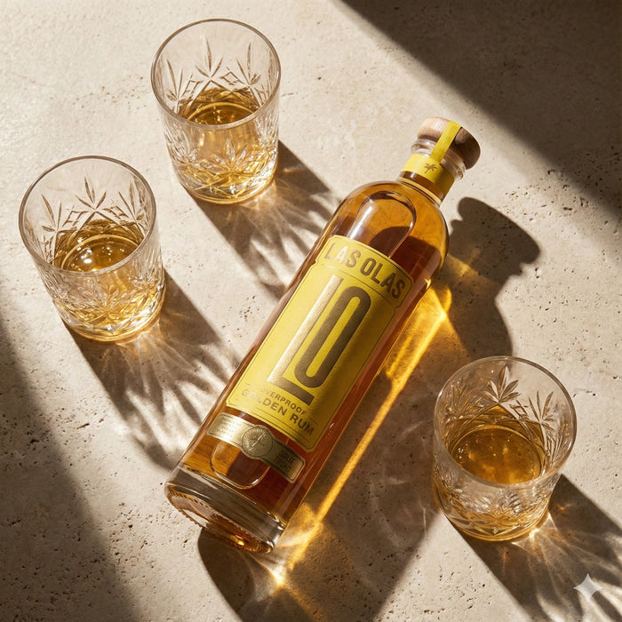 Las Olas Golden Overproof Rum and glasses of a beverage on a textured surface with sunlight casting shadows.