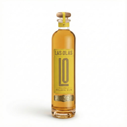 Bottle of Las Olas Overproof Golden Rum on a white background