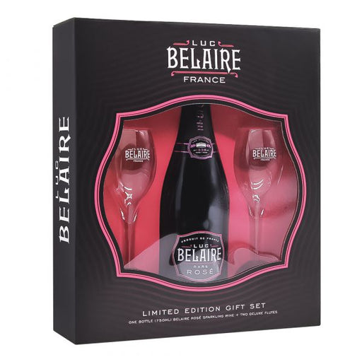 Luc Belaire Rose Glasses Gift Pack, 70cl.  This set, featuring a bottle of vibrant French sparkling wine and two branded glasses,